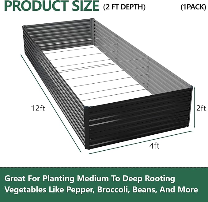 Vengarus 12x4x2FT Galvanized Raised Garden Bed Kit, Deep Root Planter Box Outdoor Large Planter Raised Beds for Planting Flowers,Vegetables and Herbs-Black