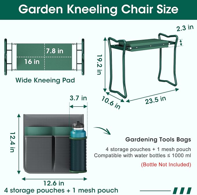 OAOA innovation 2-in-1 Garden Kneeler with Umbrella, Kneeling Bench & Grey Umbrella, Portable Stool 330lb Capacity, Garden Tools Bag with Bottle Holder, Gardening Gift for Men Women Seniors
