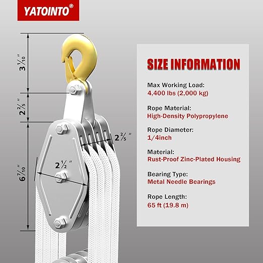 YATOINTO Rope Pulley Hoist with Metal Bearing 4400 LB, 8:1 Pulley Block and Tackle System, Pulley Block 2200LB Loading Capacity, 65ft Heavy Duty Rope Hoist for Hunting Garage Warehouse Constructions