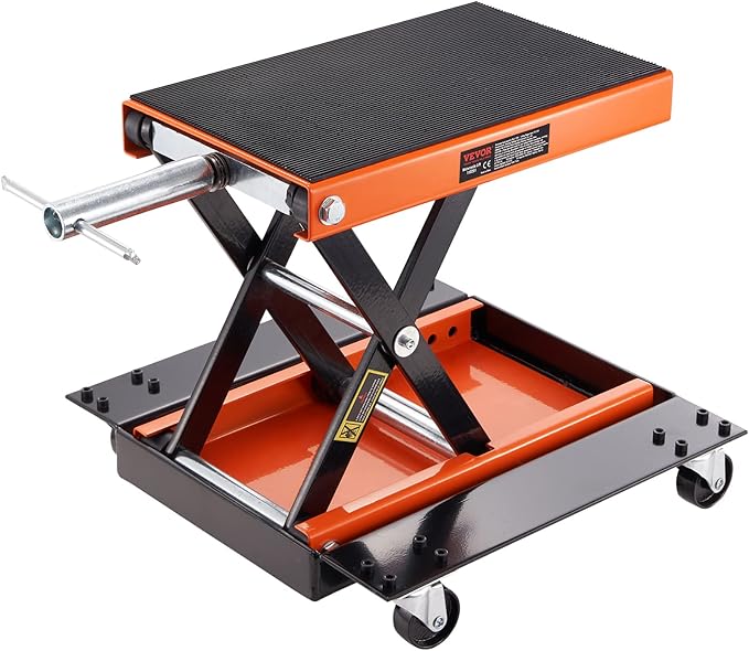 VEVOR Motorcycle Lift, 1100 LBS Motorcycle Lift ATV Scissor Lift Jack with Dolly & Hand Crank, Center Hoist Crank Stand with Wide Deck & Tool Tray for Street Bikes, Cruiser Bikes, Touring Motorcycles