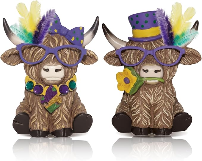 Simgoing 2 Pack Mardi Gras Highland Cow Figurines, Mardi Gras Masks Gnomes Carnival Masquerade Highland Cow Green Gold Purple Table Decor Scottish Resin Statue Calf Gift for Home Garden Kitchen Office