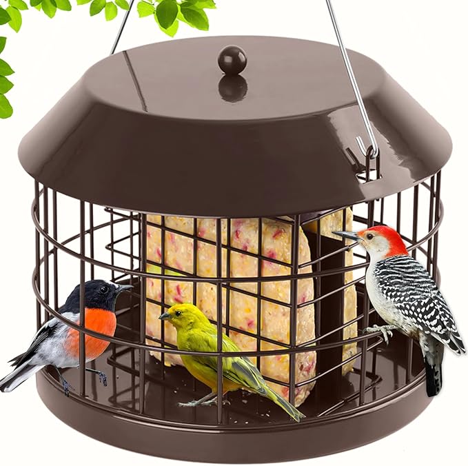 Gbekery Caged Suet Bird Feeder for Outdoors Hanging, Squirrel Proof Double Suet Feeder for Small Birds, Metal Cage with Detachable Hook, Large Space, Outdoors Weatherproof, Brown