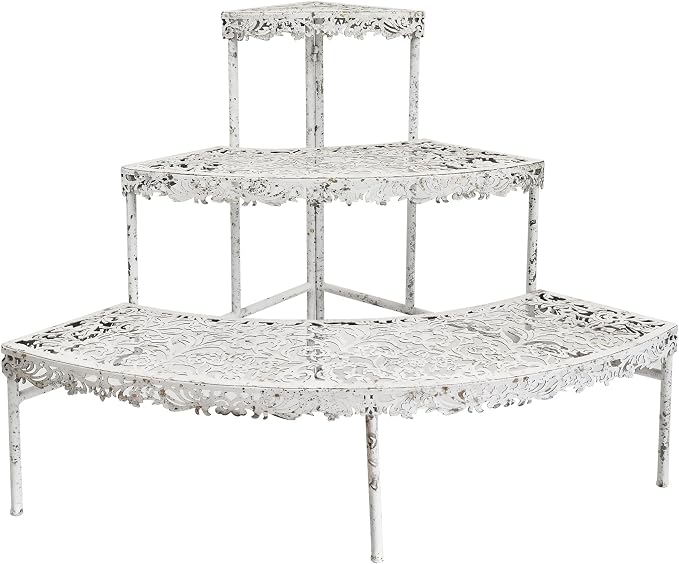3-Tier Vintage Corner Plant Stand for Indoor Outdoor Distressed Metal Flower Pot Holder Shelves with Ornate Cutout Edges Multi-Level Planter Rack Display Corner Shelf Antique Tall Plant Shelf for Patio Porch Garden Balcony Living Room (White)