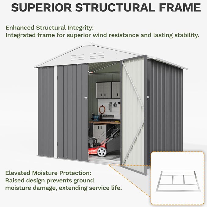 Greesum 8x6FT Outdoor Storage Shed with Base, Utility Tool Shed with Sloping Roof, Metal Storaged Garden Shed with Door & Lock for Patio Storage, Gray