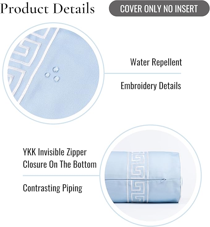 Hofdeco Premium Coastal Grandmillennial Patio Indoor Outdoor Bolster Pillow Cover Only, 8"x24" Water Repellent for Backyard, Couch, Poolside, Baby Blue Embroidered Greek Key