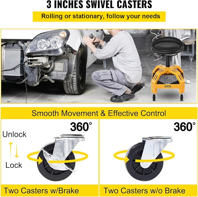 VEVOR Rolling Garage Stool, 300LBS Capacity, Adjustable Height from 24 in to 28.7 in, Mechanic Seat with 360-degree Swivel Wheels and Tool Tray, for Workshop, Auto Repair Shop, Yellow