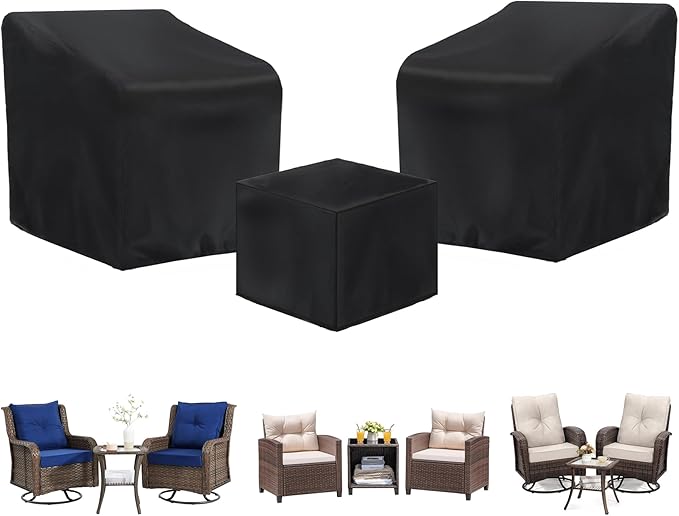 3 Piece Outdoor Veranda Patio Garden Furniture Cover Set with 420D Waterproof Fabric, Patio Furniture Covers Set with Windproof Buckle Strap Fit for Outdoor Wicker Rattan Chair Sets, Black