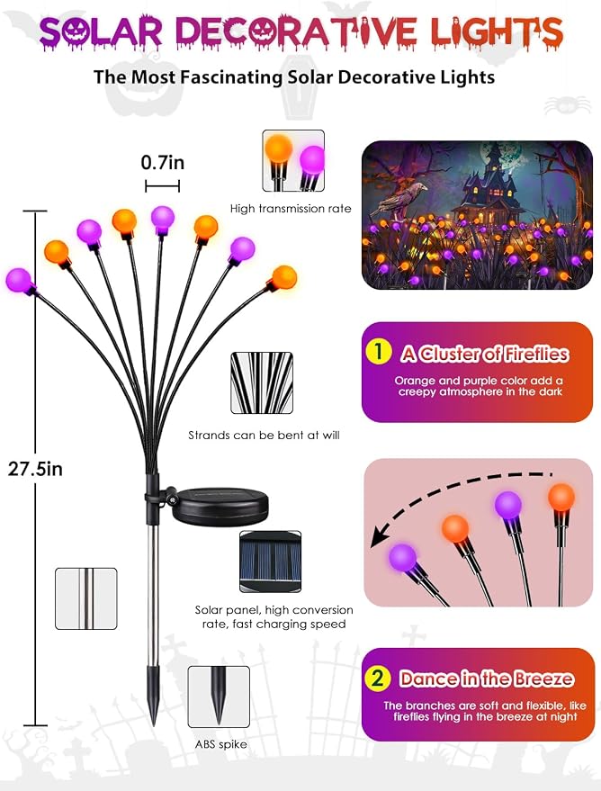 Halloween Decororations Outdoor Solar Firefly Lights 6 Pack Orange Purple | 2 Lighting Modes, Auto On/Off, 48 LED Sway with Wind, Waterproof Halloween Cpreepy Decor for Outside Graveyard Garden Pathway