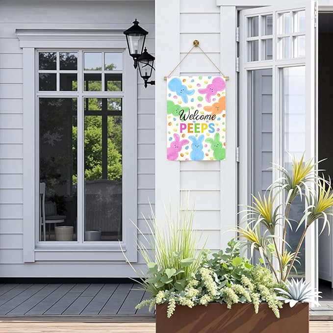 Welcome Peeps Easter Garden Flag 28x40 Inch Large Outdoor Spring Double Sided Bunny Egg House Banners Colorful Porch Garden Flag Holiday Home Flags Decor Durable Seasonal Welcome Sign