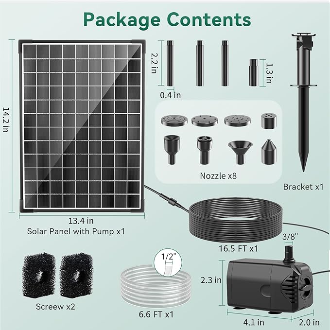 Antfraer 25W Solar Pond Pump, 320GPH Adjustable Flow Solar Fountain Pump with 7 Spray Modes, 16.5FT Cord & 6.6FT PVC Tubing for Fish Ponds, Garden Waterfalls, Hydroponics & DIY Water Features
