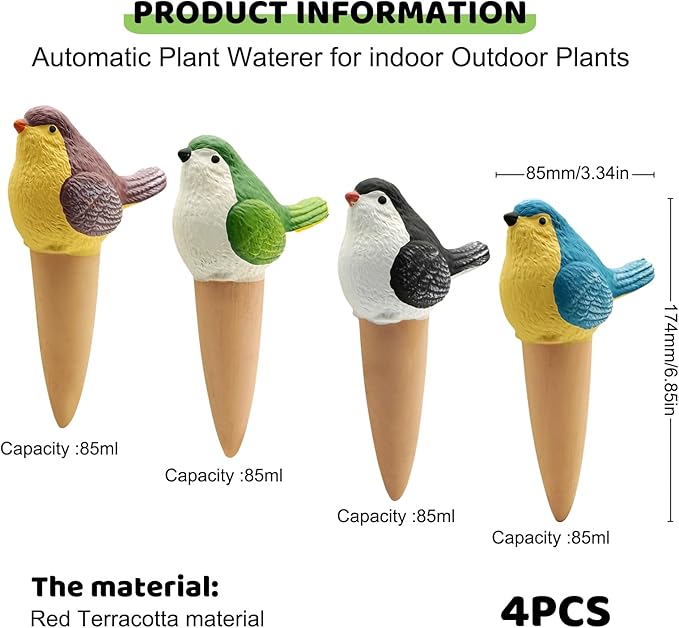 4 Pack Terracotta Plant Watering Globes, Bird-Shaped Self Watering Spikes with Slow Release, Automatic Vacation Watering Devices for Indoor & Outdoor Potted Plants