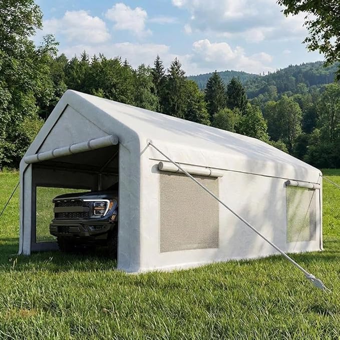 12 x 20FT Heavy Duty Carport with Roll-Up Windows, Portable Garage with Removable Sidewalls & Doors, Portable Car Tent Garage with Roll-Up Windows and All-Season Tarp, for Car, Truck,