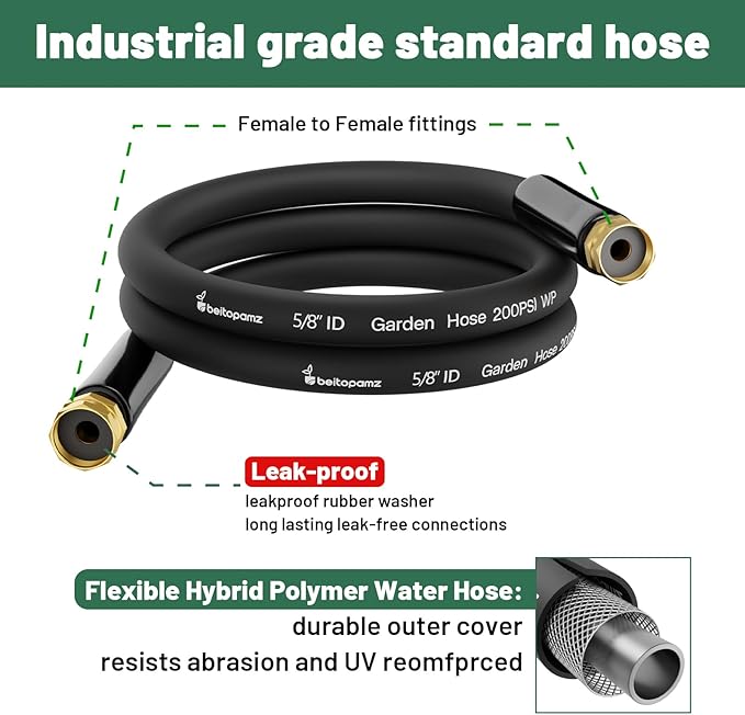 Beitopamz Short Garden Hose 1 ft x 5/8" Female to Female, Heavy Duty Small Water Hose Extender Connector, Leak-Free Connections Hybrid Rubber Leader Hose with 3/4" Double GHT Fittings, Black