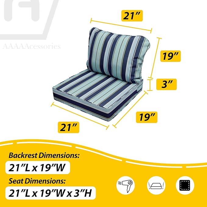 AAAAAcessories Outdoor Seat Cushions for Chairs, Fade-Resistant, Waterproof Patio Furniture Replacement Cushions, 21" x 19" x 3" + 21" x 19", Ash Teal Seaside Stripe