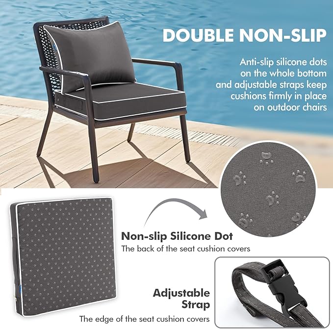 MIULEE Dark Grey Outdoor Seat Cushion 22x22 Inch Waterproof & 3 Year Fade Resistant Deep Seat and Back Cushion for Patio Furniture Chair Sofa Couch with Handle and Adjustable Straps