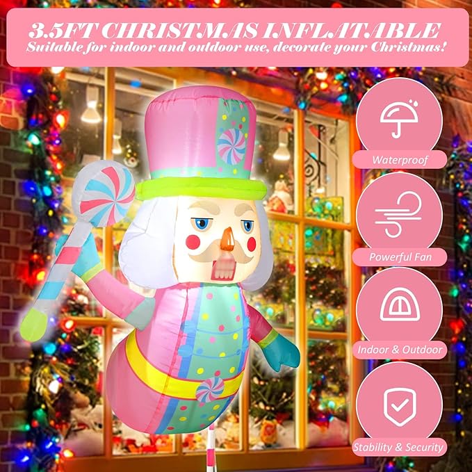 Leyndo 3.5 Feet Christmas Inflatables Pastel Nutcracker with LED Lights Christmas Window Blow up Pink Nutcracker Decorations Hold Pastel Peppermint Lollipop Xmas Holiday Outdoor Decorations