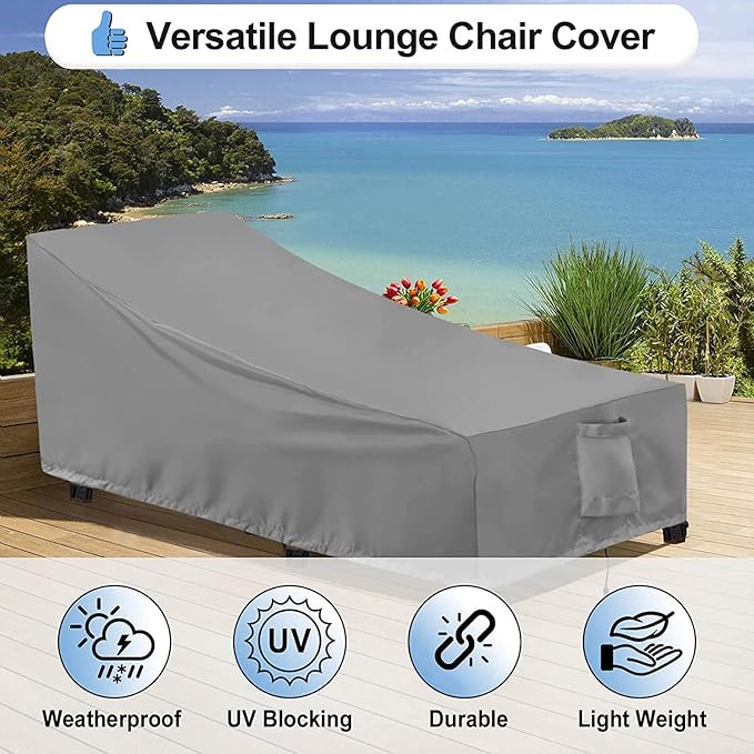 OutdoorLines Outdoor Waterproof Patio Chaise Lounge Chair Cover - UV Resistant Lounger Covers Heavy Duty Weatherproof Patio Sofa Furniture Covers, 1 Pack, 84Wx32Dx32H Inches, Gray