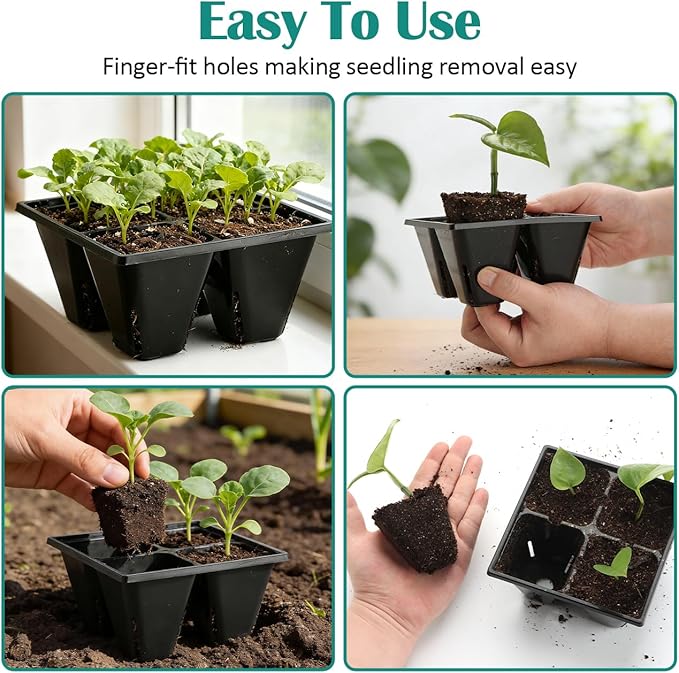 RooTrimmer 40 Pack Reusable 4-Cell Seed Starter Tray for Seedlings, Deep Large Cell Plant Starter Trays with Drainage Holes for Seed Germination, Easy Transplant, Fits Standard 1020 Flats, Black