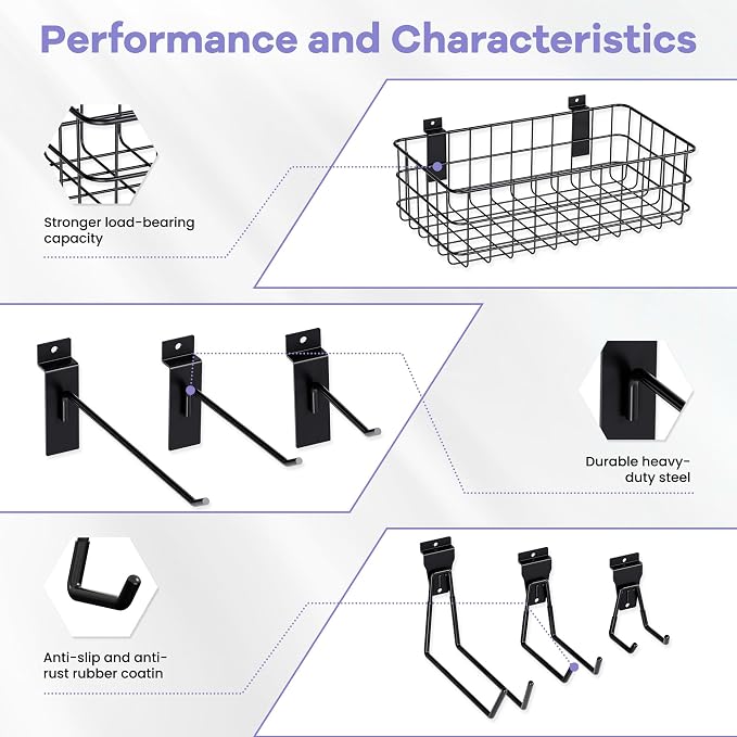SMARTSTANDARD 30PCS Slatwall Accessories, Includes 4PCS Wall Baskets and 26PCS Multi Shapes(J/U/Straight) Hooks, Accessory for Garage Wall Organizer & Retail Display