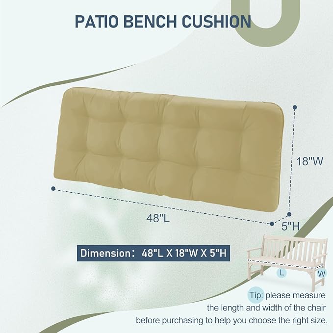 downluxe Outdoor Bench Cushion for Patio Furniture, Waterproof Tufted Overstuffed Porch Swing Cushions, Thick Outdoor Loveseat Cushions, 48" X 18" X 5", Khaki, Set of 1