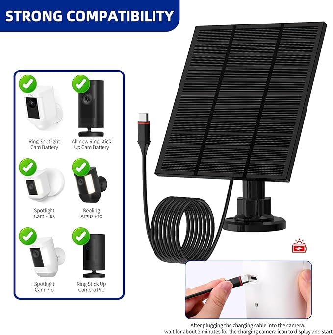 Solar Panels for Ring Camera Outdoor (New Generation) 5W 5V Solar Panel Charger with USB-C&Plug for Spotlight Cam Plus&Stick Up Cam Pro.Waterproof IP65 360°Adjustable 2M Cable (Black, 1)