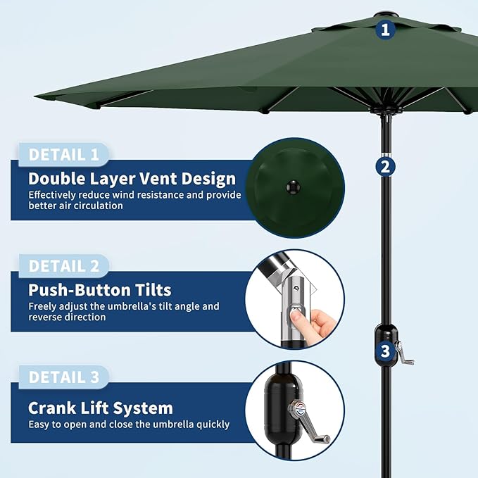 Garvee 10 ft Patio Umbrella - 8 Sturdy Ribs Outdoor Table Umbrella with Crank Lift & Push Button Tilt - Market Umbrella for Pool, Deck, Yard, Garden - Dark Green