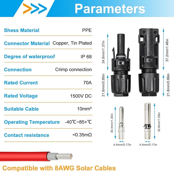 8AWG Solar Panel Connector 10mm2, 1500V IP68 Waterproof 70A PV Plug Tinned Copper Pins,5 Pairs