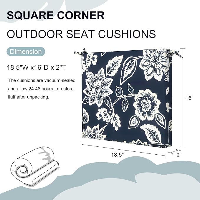 DYTXIII Set of 4 Outdoor Chair Cushions, Water Resistant 18.5"x16"x2" Square Seat Cushion for Patio Dining Chairs, High-Density Replacement Pads for Indoor Outdoor Furniture - Vines Navy