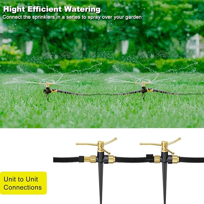 FANHAO 2 Pack Metal Lawn Sprinklers with Spike Base, Heavy Duty Automatic Rotary Garden Sprinkler System, 3-Arm Water Sprinkler 360 Degree Large Area Coverage for Plant, Flower Bed and Patio
