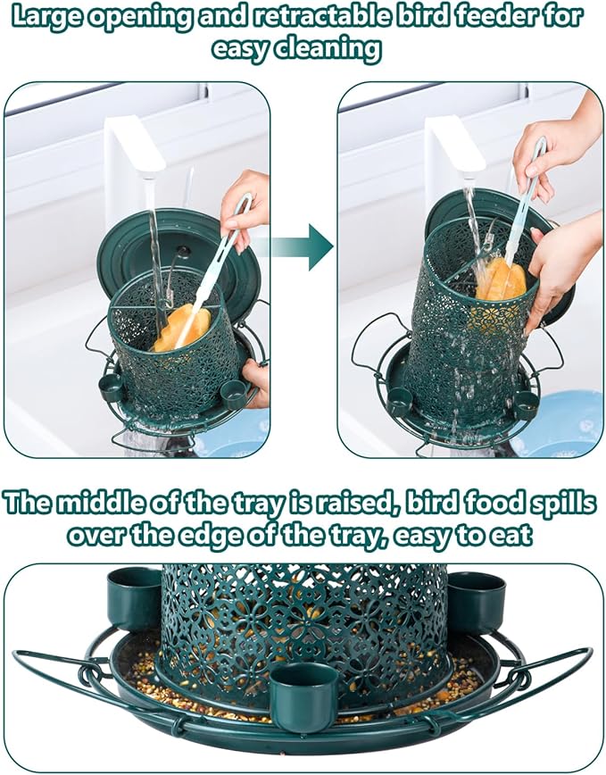 Metal Bird Feeders for Outdoors Hanging, Weather Resistant Wild Bird Feeder with 360 Degree Feeding Tray, Green (Vintage Green)