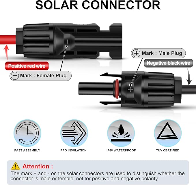 iGreely Solar Panel Extension Cable - 30 Feet 10AWG(6mm²) Solar Extension Cable with Female and Male Connector Solar Panel Wire Adapter (30FT Red + 30FT Black)