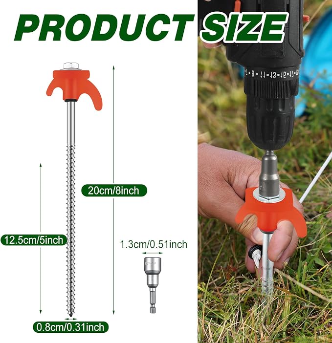 Yaocom 20 Pcs 8" Screw in Tent Stakes Heavy Duty Tent Stakes Drillable Ground Anchors Screw Metal Tent Pegs Threaded Tent Spikes with Head Driver for Swing Inflatable Decor (Orange)