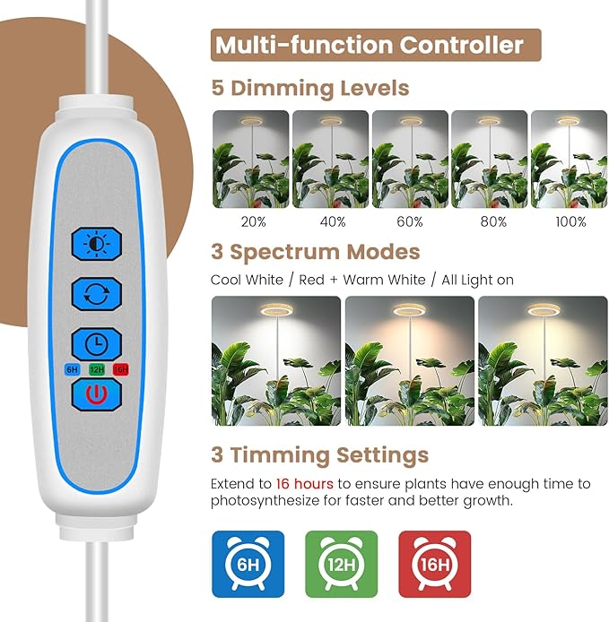 Kullsinss Grow Light, Full Spectrum LED Plant Lighs for Indoor Growing with 6/12/16H Timer, 3 Color Modes, 5 Brightness, 10"-60" Height Adjustable Plant Grow Lamp for Tall Indoor Plants (3 Pack)