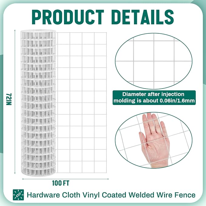 Gisafai 16 Gauge Galvanized Welded Wire Fence 6 ft x 100 ft PVC Coated Hardware Cloth, 2.36" x 2.36" Mesh, Heavy Duty Garden Fencing Roll for Yard Chicken Dog, Deer Cattle & Animal Protection(Silver)