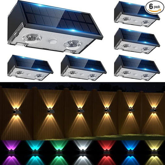 Solar Fence Lights Outdoor Waterproof, Warm & Cool White RGB Dusk to Dawn LED Wall Mount Sconce Light Up & Down Deck Lights Solar Powered for Outside Garden Patio Backyard Garage(6 Pack)
