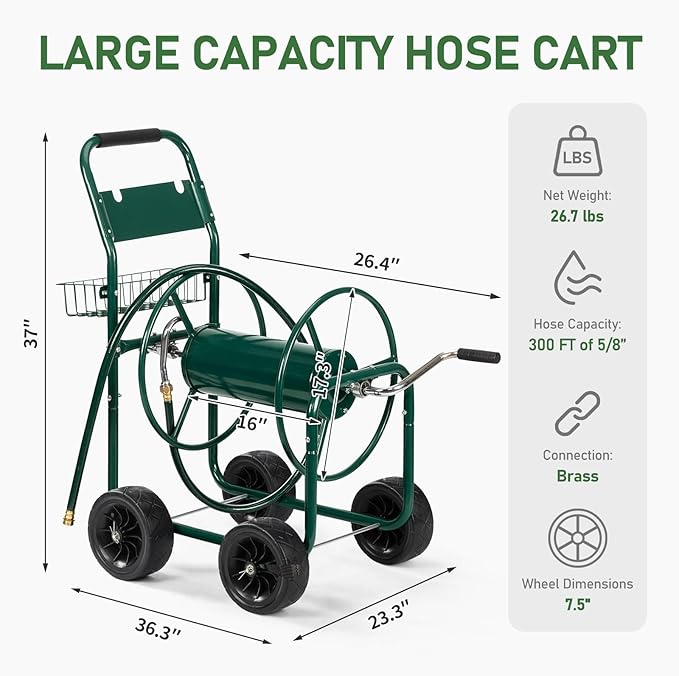 Outvita Garden Hose Reel Cart, Heavy Duty Water Hose Cart for Outside, Lawn Watering, for Garden, Yard, Lawn, Farm, Hold Up to 300 ft of 5/8’’ Hose, 4 Wheels, Storage Basket (Green)
