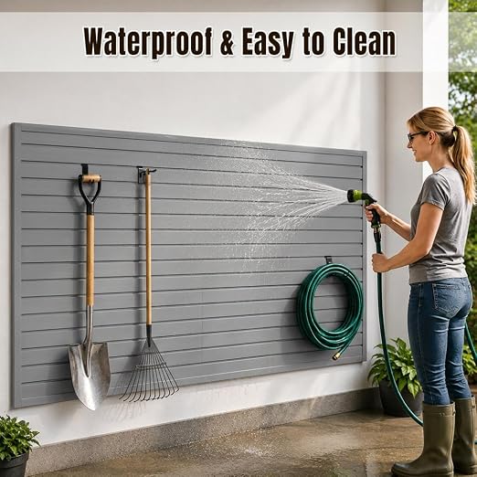 SMARTSTANDARD Slatwall Panel 4x8 FT, Garden Wall Organizer with 31 Garden Tool Hooks & Baskets,Heavy Duty PVC Slat Wall Panels for Gardening, Easy to Install & DIY Cutting (Gray)