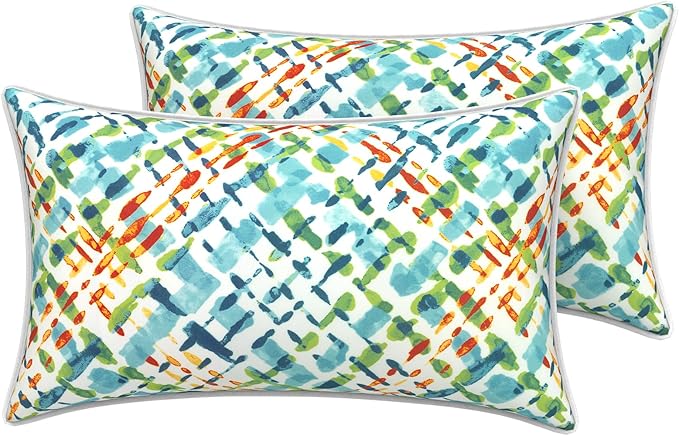 LVTXIII 2 Pack Outdoor Lumbar Pillow Covers 12x20 Inch with Piping, Water-Repellent Back Cushion Covers ONLY for Patio Furniture, Sofa, Garden Bench, Acapa Opal Geometric
