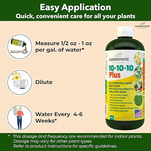 GARDENWISE 10-10-10 All Purpose Plant Food - Liquid Fertilizer with Seaweed Kelp & Iron - Indoor & Outdoor Plant Food, Vegetables, Flowers, Lawn & Garden 1x8oz