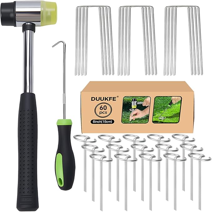 Landscaple Fabric Staples, 30pcs Galvanized G Shape Fabric Pins +30pcs U Shape Garden Staples Pins with Staples Remover Rubber Mallet, Ground Stakes Lawn Stples for Weed Barrier Sod Turf Outdoor Decor