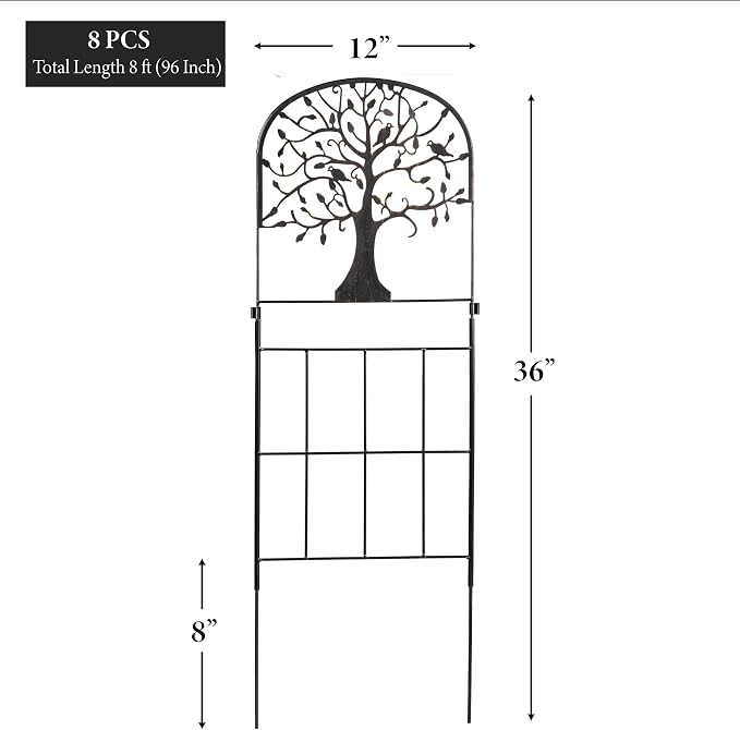 Evergreen Tree of Life Metal Landscape Edging 28" Above Ground, 8 ft Long Decorative Garden Fence Panels Animal Barrier, No Dig Edging for Flower Bed, Yard, Lawn
