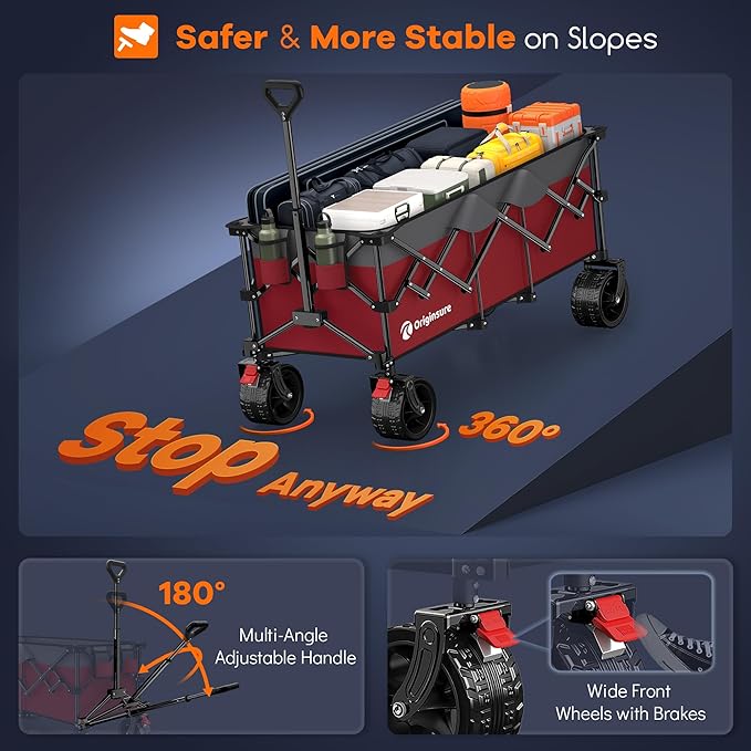 48" L Collapsible Wagon Cart Foldable, 560lbs Weight Capacity 300L Heavy Duty Folding Beach Wagons with Big All-Terrain Wheels, Utility Carts for Groceries, Shopping, Camping, Sports - Grey&Red