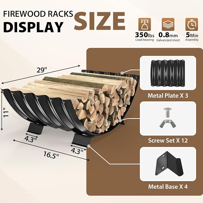 TBMLC 32 inch Diameter Sector Firewood Rack Storage -0.8MM Thick Galvanized Steel with Wave Pattern & 4 Stable Feet, Black Coated for Indoor/Outdoor Wood Storage (2.7FT Diameter)