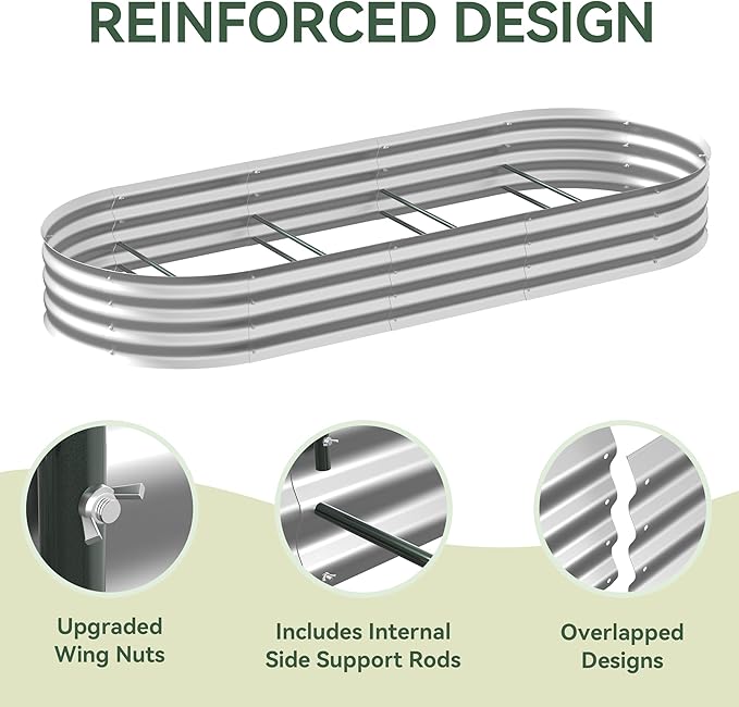 Lineware Raised Garden Bed with Sprinkler Timer and Self-Watering System, 8x3x1 ft Elevated Planter Boxes Outdoor with Mesh Cover, Oval Raised Beds for,Vegetables,Flowers, Backyard, Patio