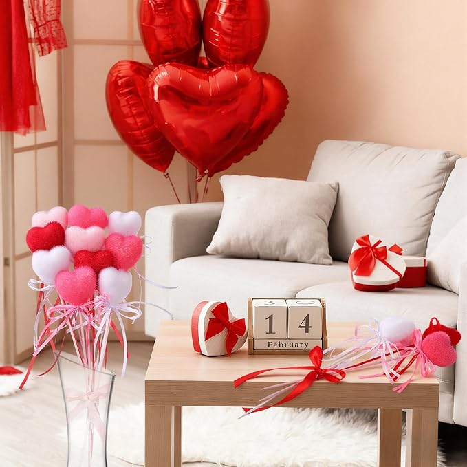 60 Pcs Valentine's Day Heart Picks Red Pink Foam Picks Valentine Heart Puffy Sticks for Tree Flower Arrangements Bouquet Wedding Table Centerpiece Vase Filler Home Decorations