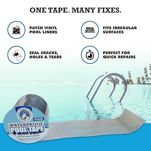 Burro Adhesives Waterproof Clear Pool Tape 4" x 10' - Heavy Duty PVC Vinyl Pool Repair for Underwater & Dry Applications, Commercial & Residential Pools, Instantly Seals Leaks