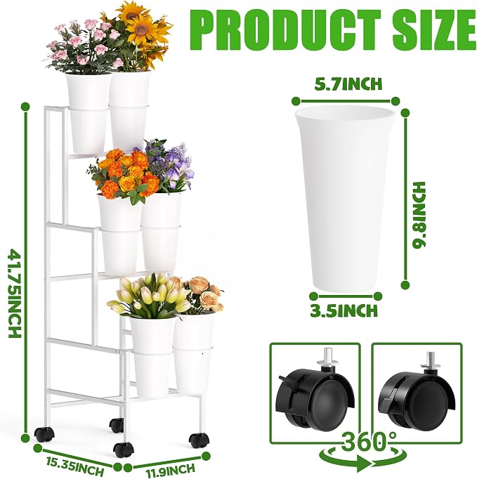 Flower Display Stand with 6 Buckets, Flower Cart with Wheels, 3 Layers Metal Flower Bar Stand Moving Flower Stand Florist Bouquet Shelf for Weddings Party Ceremony Indoor Outdoor Garden (White)