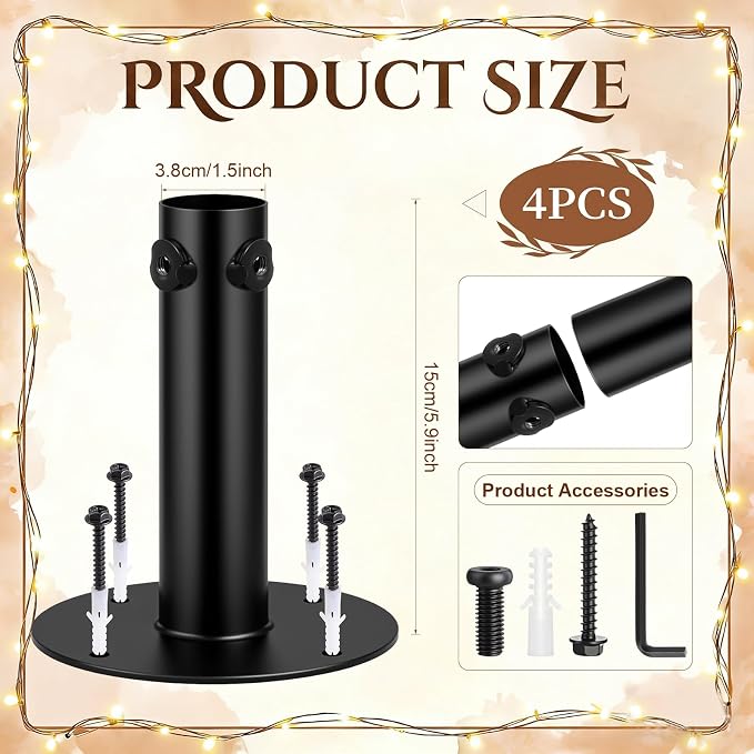 4 Pack String Light Pole Base for Planters, Heavy Duty Metal Holder for Outdoor Patio String Lights, Fits 1.5 Inch Poles, Rust Resistant Mount with Screws for Backyard Garden Decor