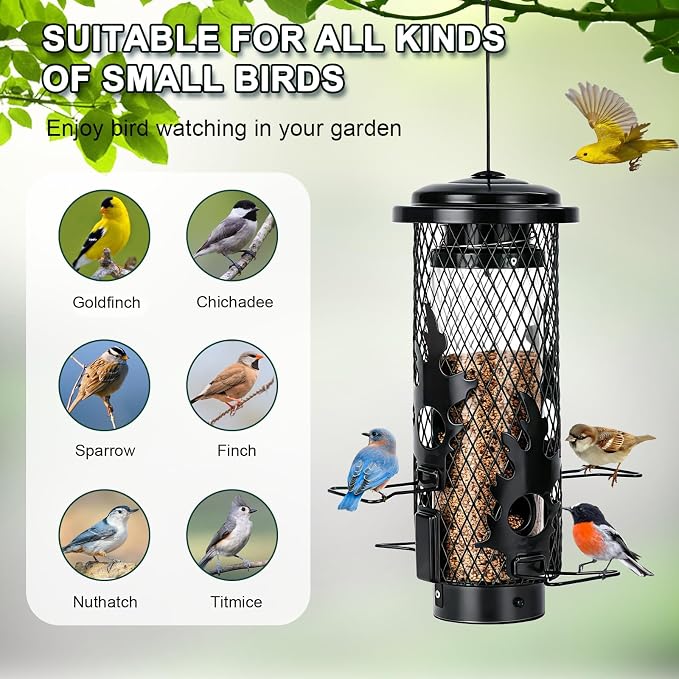 Gbekery Squirrel Proof Bird Feeders for Outdoors Hanging, Black | Metal Wild Bird Feeders for Small Birds with Weight Activated Perches, Weatherproof and Durable, Perfect for Backyard Garden
