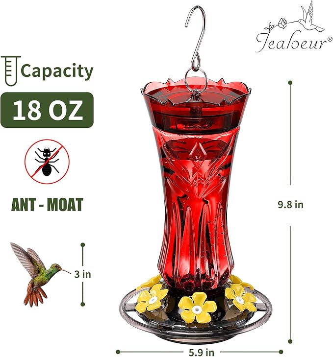 Jealoeur Hummingbird Feeders for Outdoors, Durable Hanging Humming Birds Feeders with 6 Bee Guard Feeding Ports & Built-in Ant Moat, Easy to Clean, Ideal for Garden Decor, 18 OZ, (1, Red)